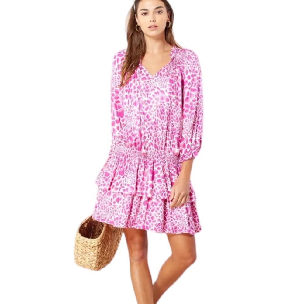 Hale Bob Tara Pink & White Ruffle Animal Print Tiered Drop Waist Tassel Dress S
